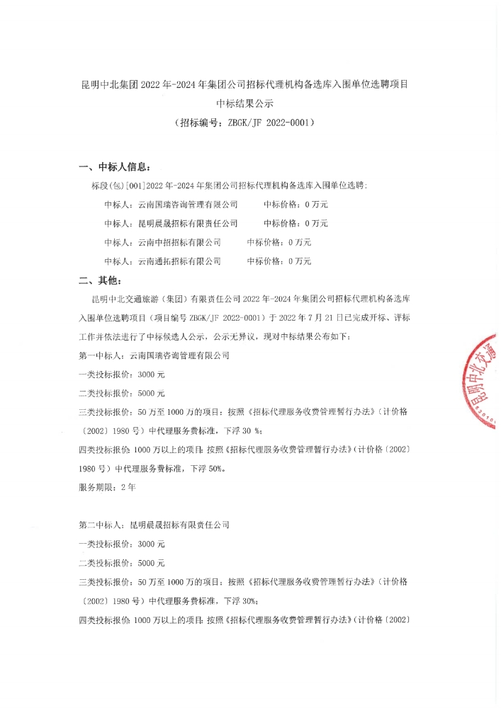 昆明中北集团2022年-2024年集团公司招标代理机构备选库入围单位选聘项目