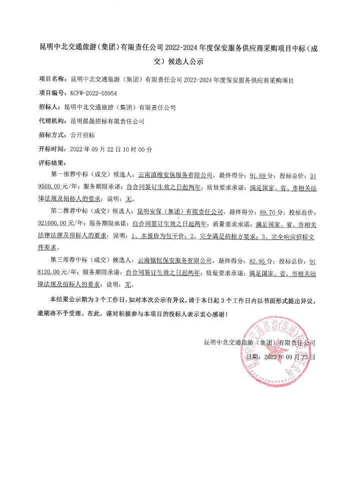 2022-2024年度保安服务供应商采购项目中标1663932607110