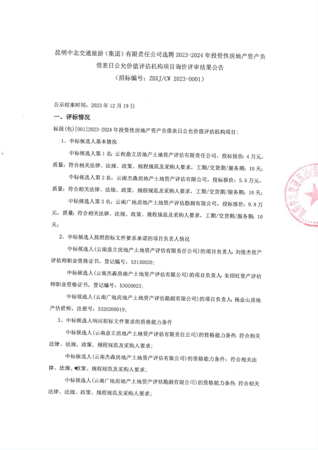 昆明中北集团选聘2023-2024年投资性房地产资产负债表日公允价值评估机构项目评审结果公告_00